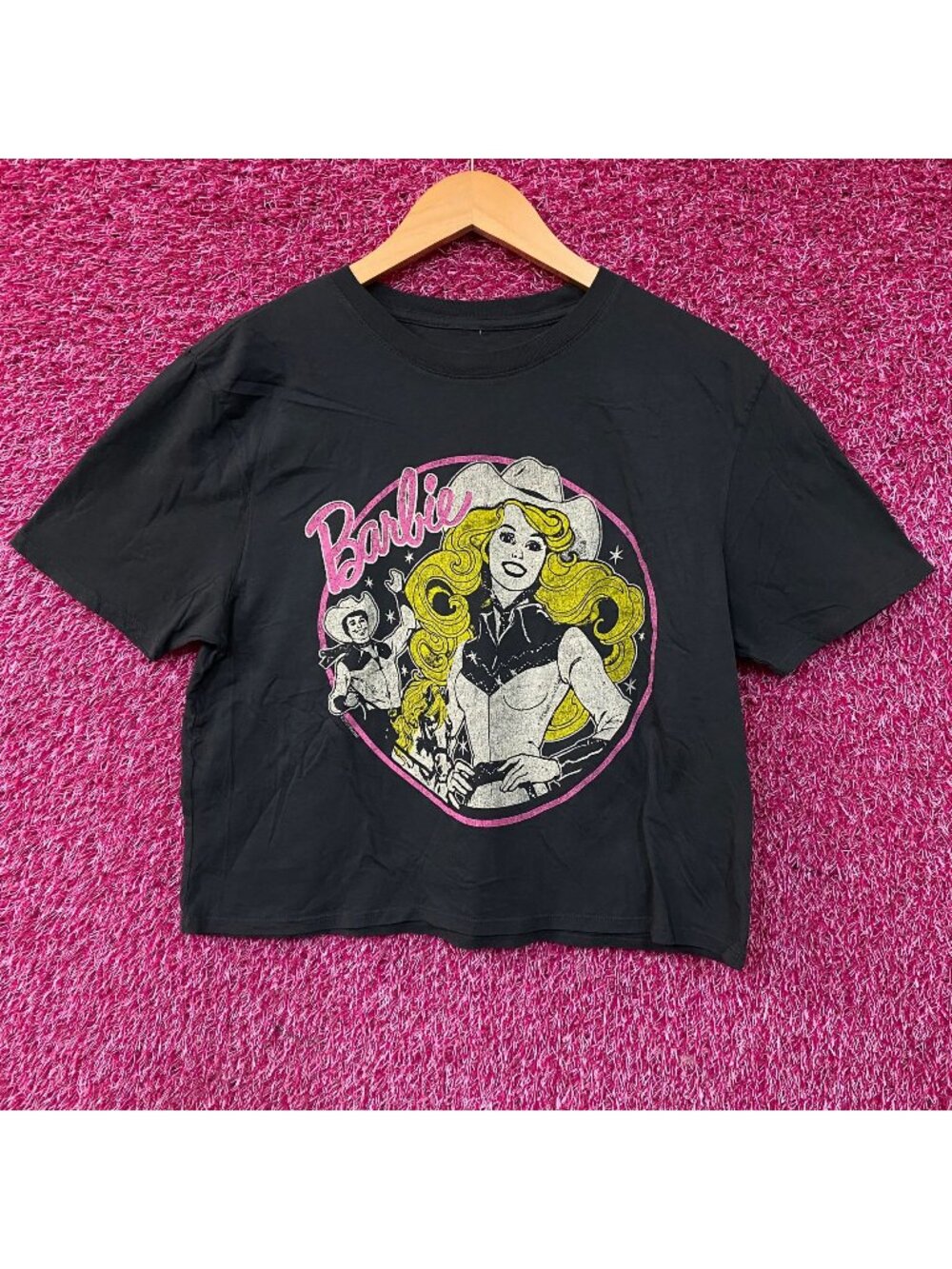 Junk Food Barbie Cowgirl Retro Graphic Women's Green Crop Tee Small